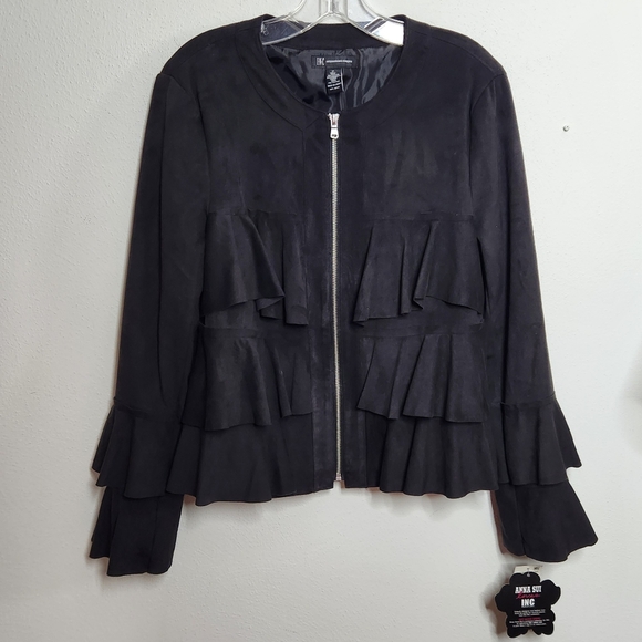 Anna Sui INC Black Tiered Ruffle Faux Suede Jacket Womens Medium Zip NWT Boho - Picture 1 of 8